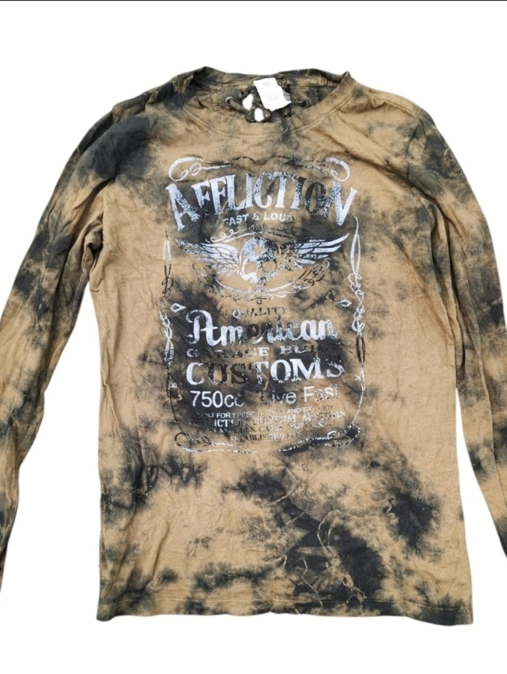 Affliction American Customs Womens Small LS Shirt Tie Dye Skull USA Y2K